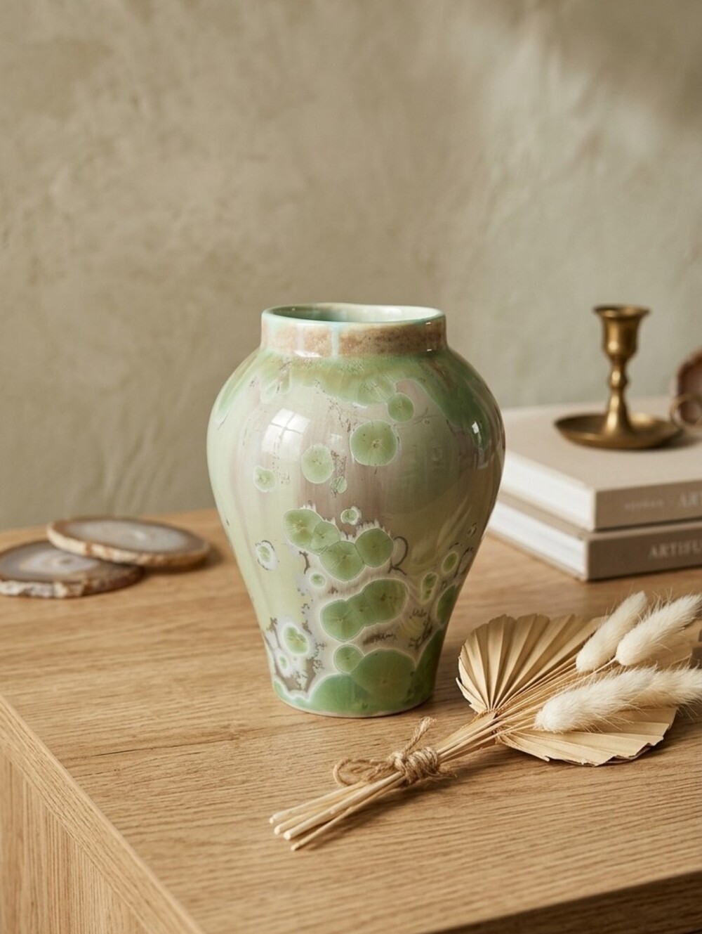 Handmade Crystalline Vase Gold Base with Light Green Crystals unique floral